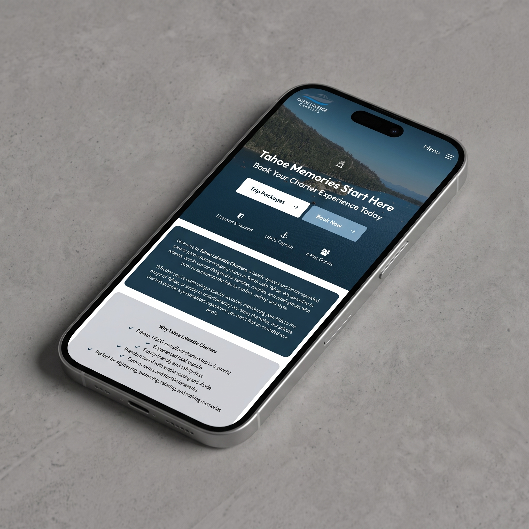 Mobile - Homepage Hero and Why Tahoe Lakeside Charters